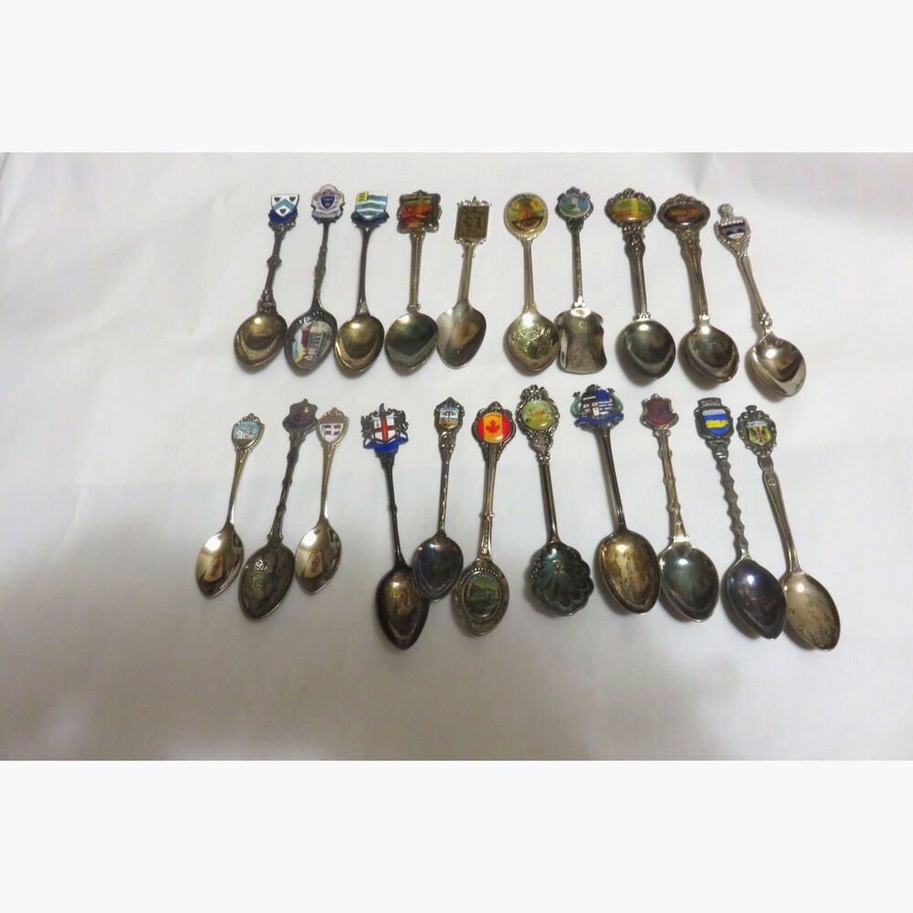 LOT OF 21 VINTAGE SOUVENIR SPOONS SILVER PLATE AND ENAMEL